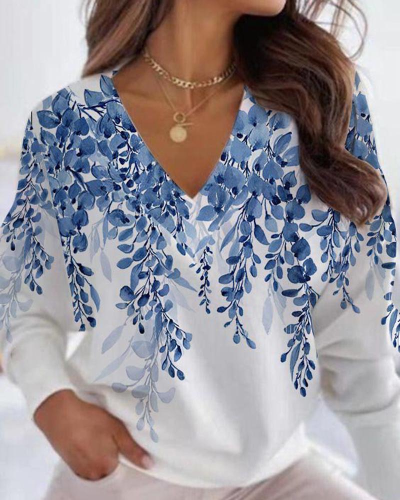 

Plants Print Long Sleeve Top, White