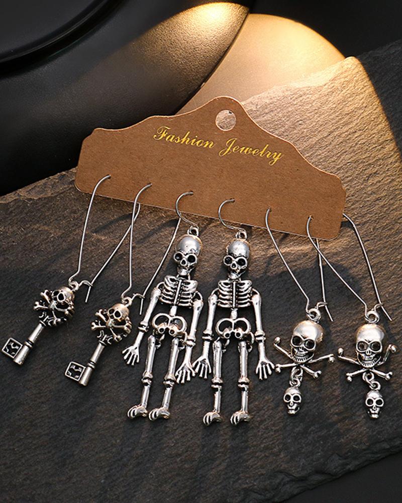 

3Pairs Halloween Skeleton Skull Dangle Hook Earrings Set, Silver