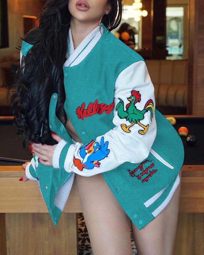 

Cartoon Letter Embroidery Colorblock Baseball Jacket, Turquoise blue