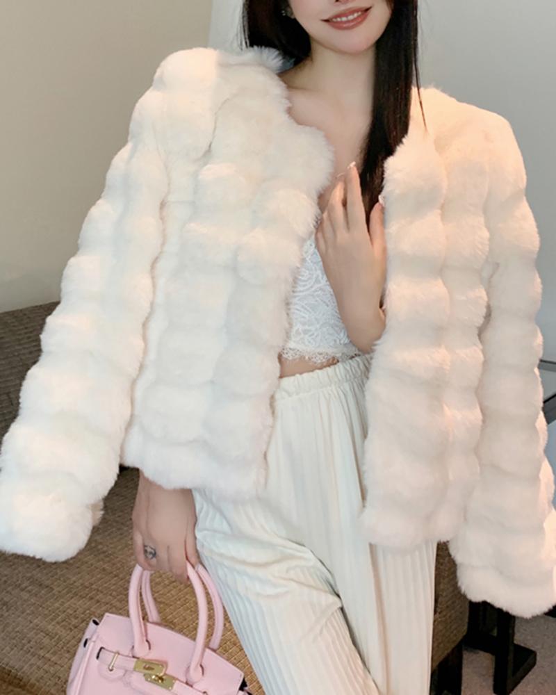

Open Front Faux Fur Fuzzy Coat, White