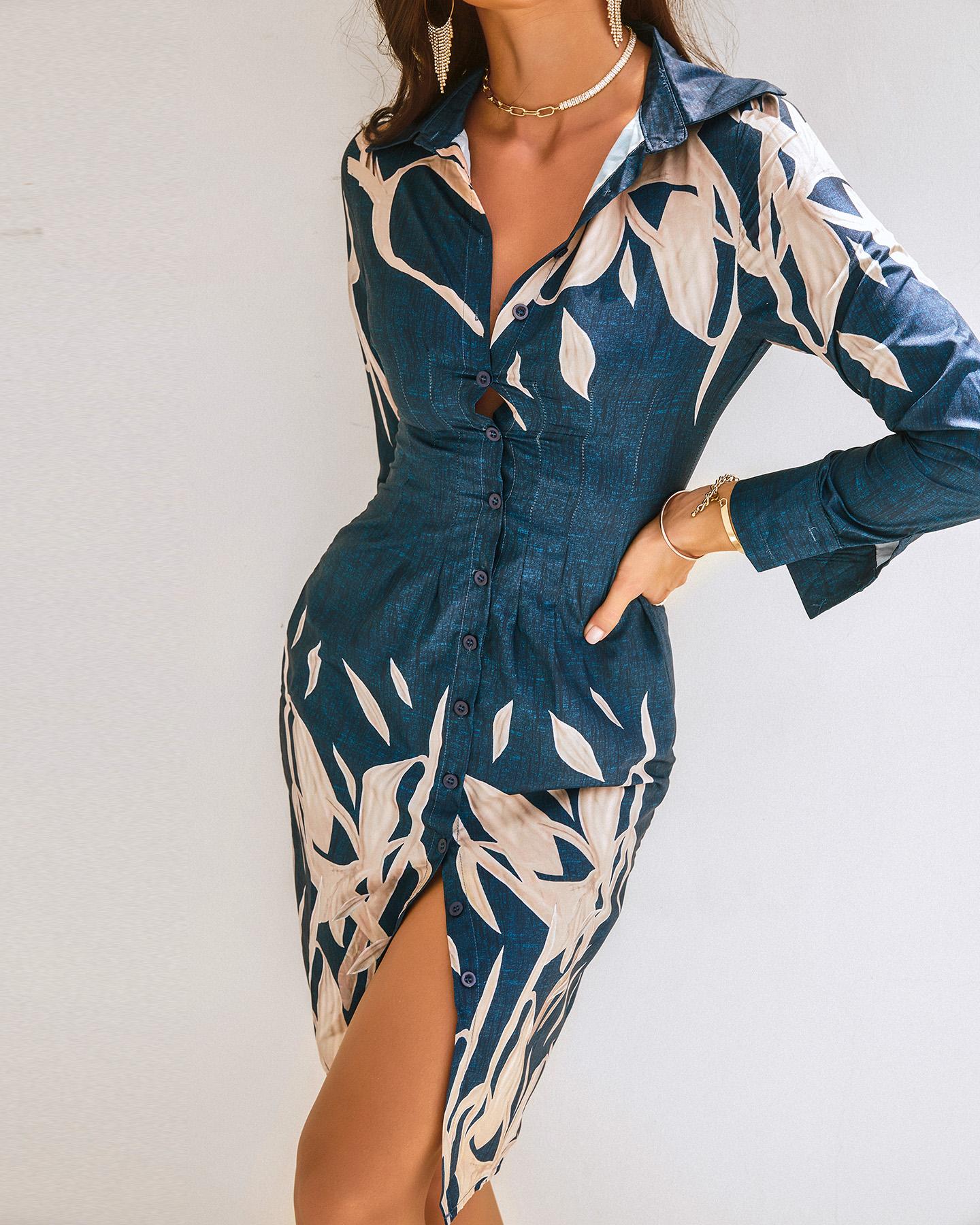 

Plants Print Button Design Skinny Shirt Dress, Blue