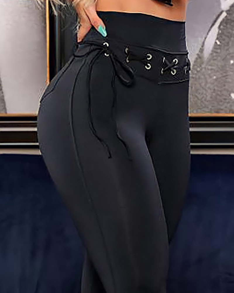 

High Waist Eyelet Lace-up Pocket Design Skinny Pants, Black
