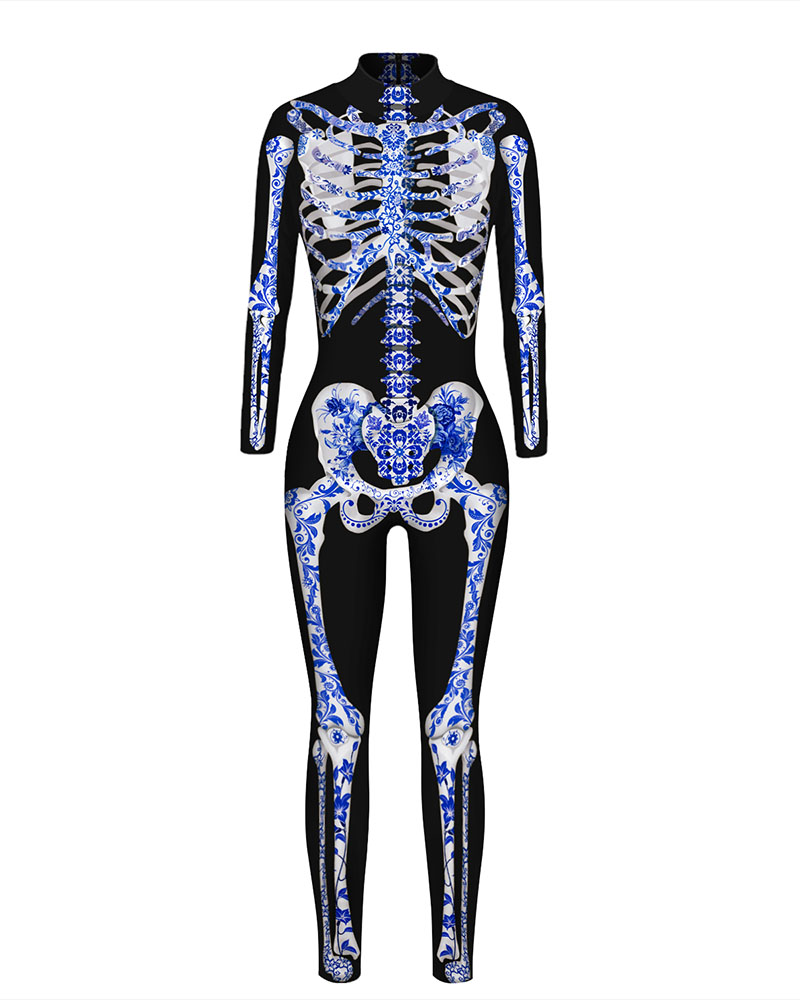 

Halloween Graphic / Skeleton Print Skinny Costume Jumpsuit, Style2