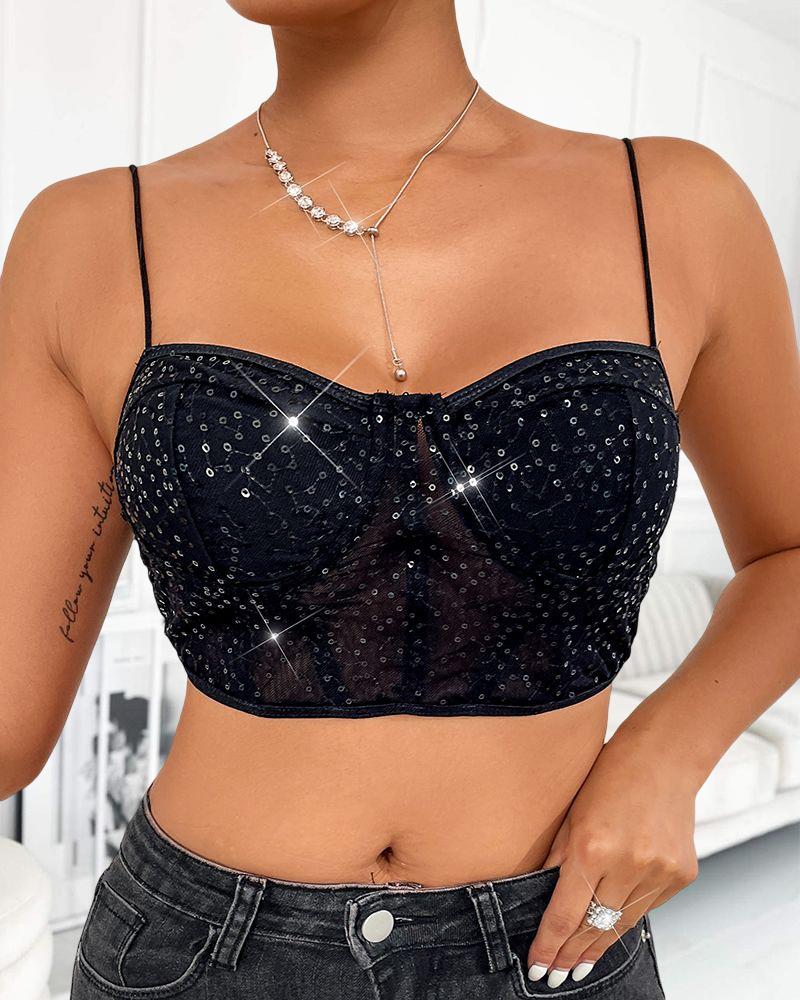 

Contrast Sequin Cami Crop Top, Black