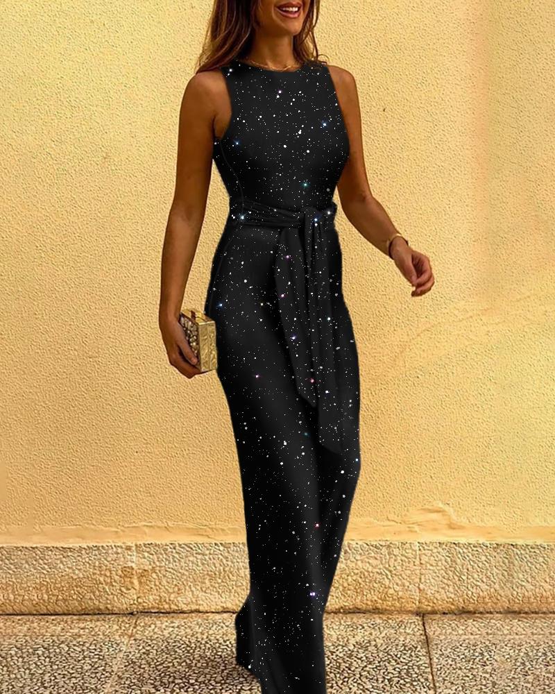 

Glitter Round Neck Sleeveless Wide Leg Jumpsuit, Black