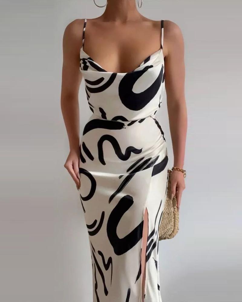 

Abstract Print Cowl Neck High Slit Dress, Apricot