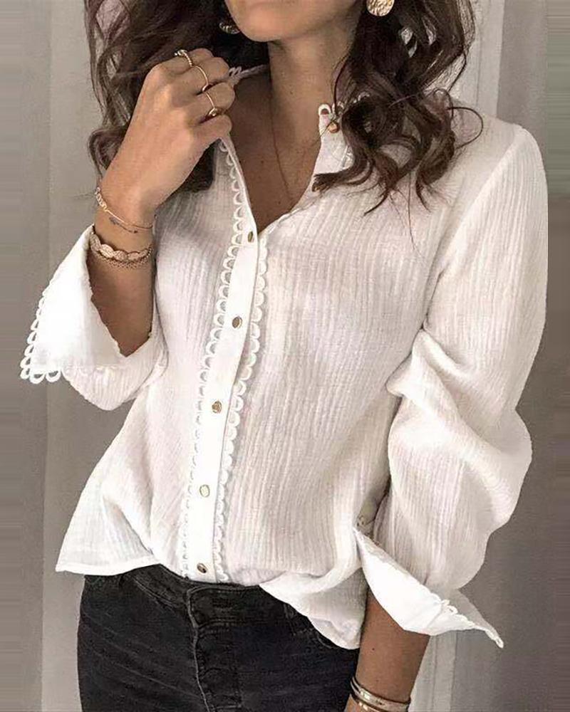 

Solid Lace Hem Long Sleeve Shirt, White