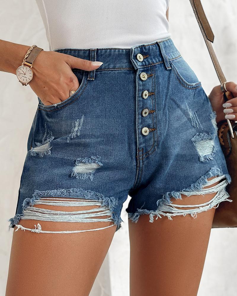 

Pocket Design Raw Hem Ripped Denim Shorts, Blue