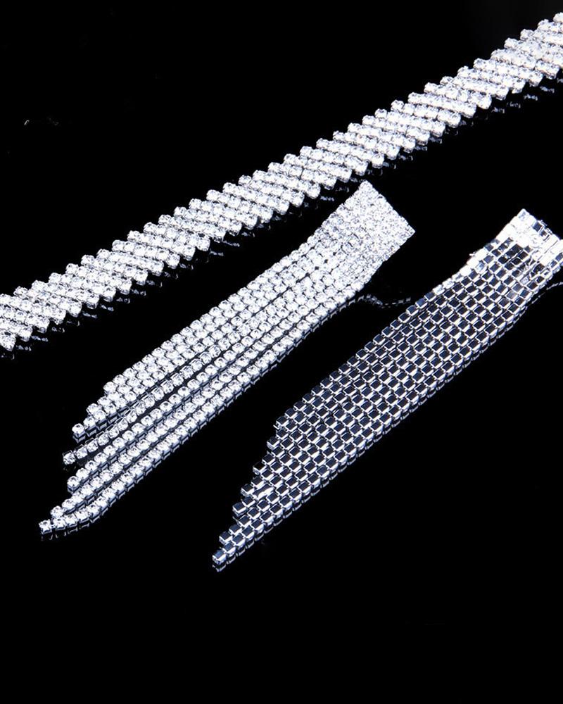 

1Pair Allover Rhinestone Tassel Design Drop Earrings, Silver