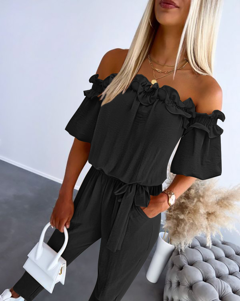 

Off Shoulder Frill Hem Tied Detail Jumpsuit, Black