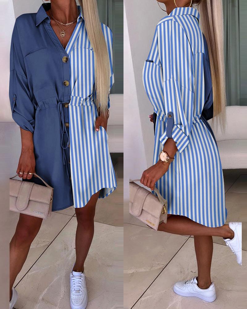 

Striped Colorblock Buttoned Drawstring Shirt Dress, Blue