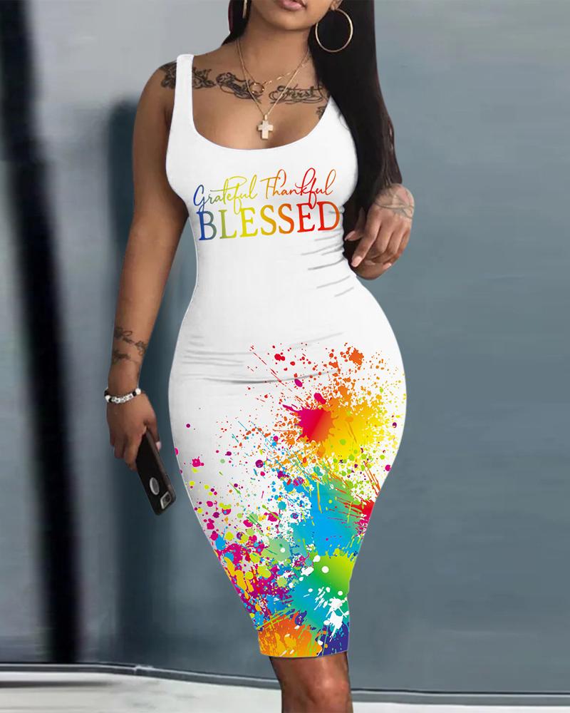 

Grateful Thankful Blessed Ink Splash Print Bodycon Dress, White