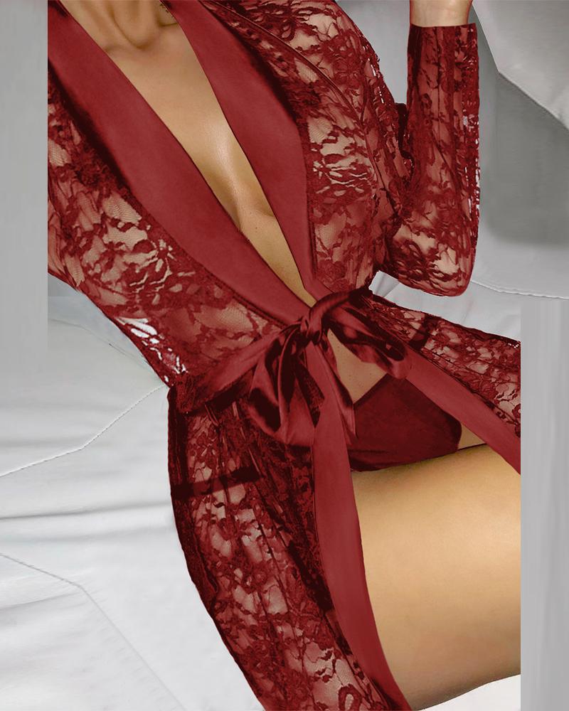 

Long Sleeve Lace Robe With Thong, Red