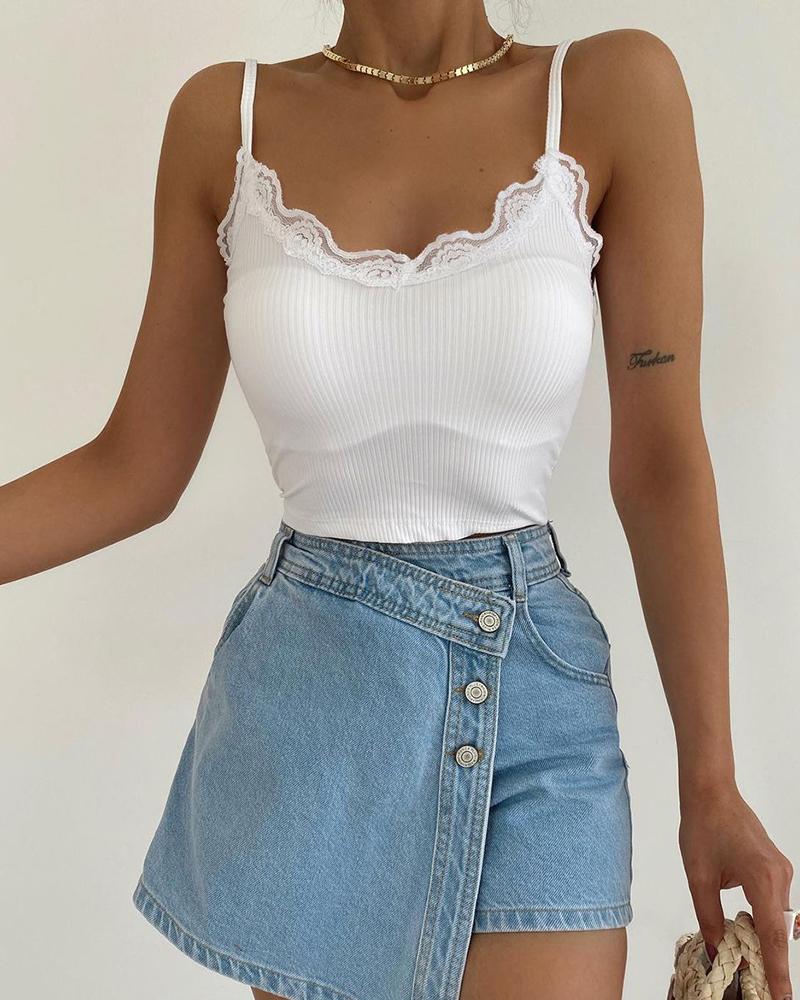 

Lace Patch Spaghetti Strap Ribbed Top, White