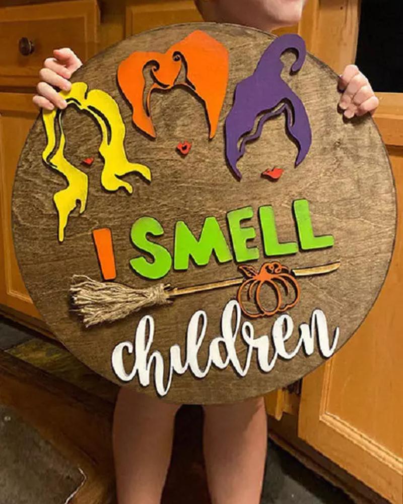 

1pc Halloween I Smell Children Witch Head Hanging Sign Door Ornament, Style2