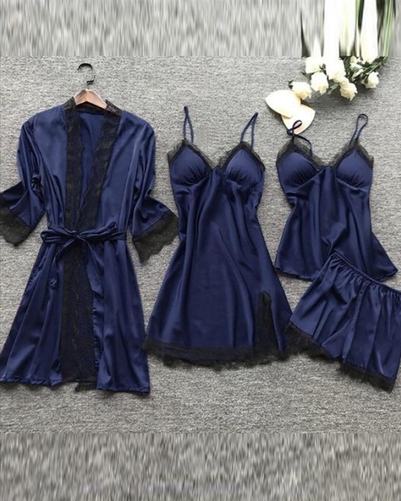 

4PCS Lace Trim Padded Cami Set With Nightdress & Belted Robe, Blue