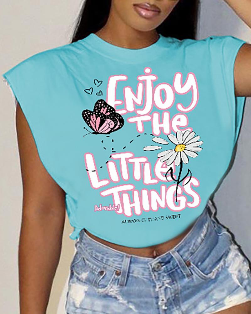 

Butterfly Letter Print Cap Sleeve T-shirt, Lighted blue