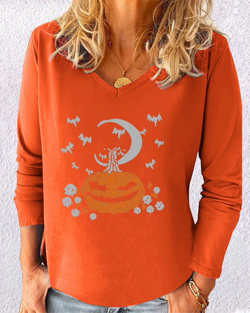 

Halloween Pumpkin Batwing Skull Pattern Long Sleeve Top, Orange