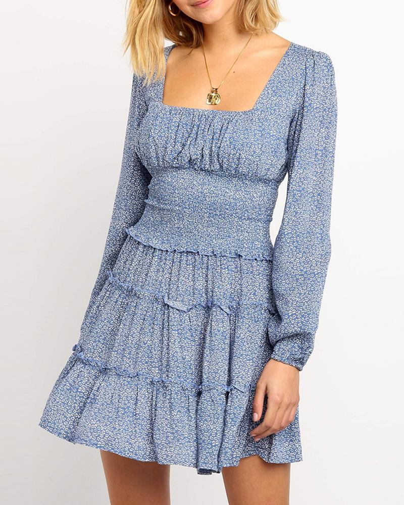 

Frill Hem Long Sleeve Shirred Casual Dress, Blue
