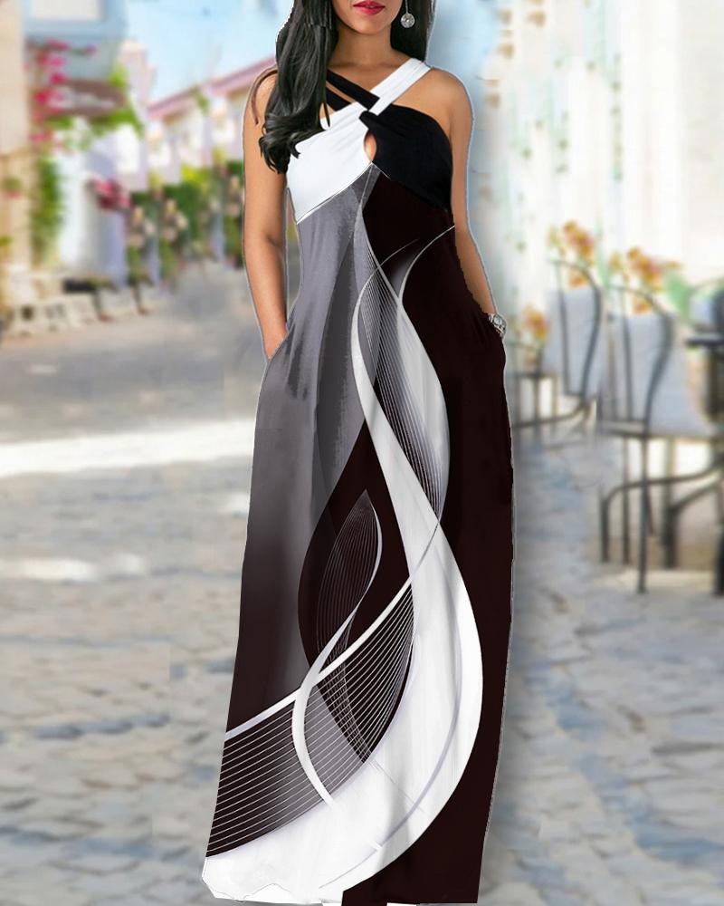 

Abstract Print Colorblock Crisscross Pocket Design Maxi Dress, Black