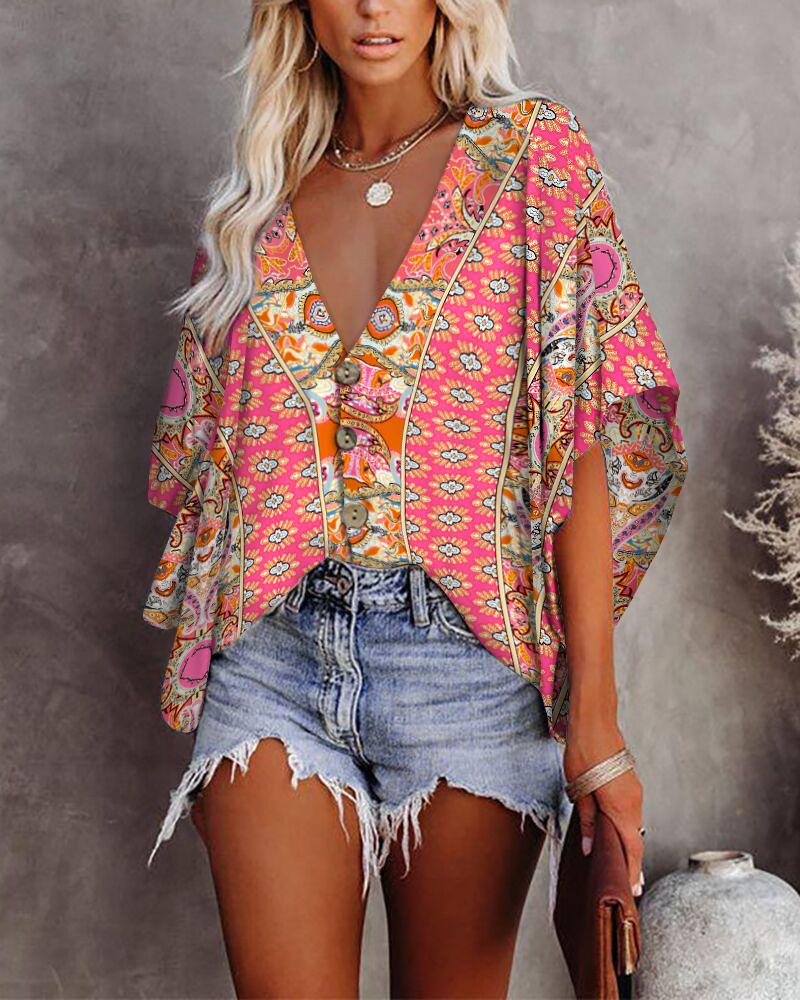 

Scarf Print V-Neck Button Front Batwing Sleeve Top, Pink