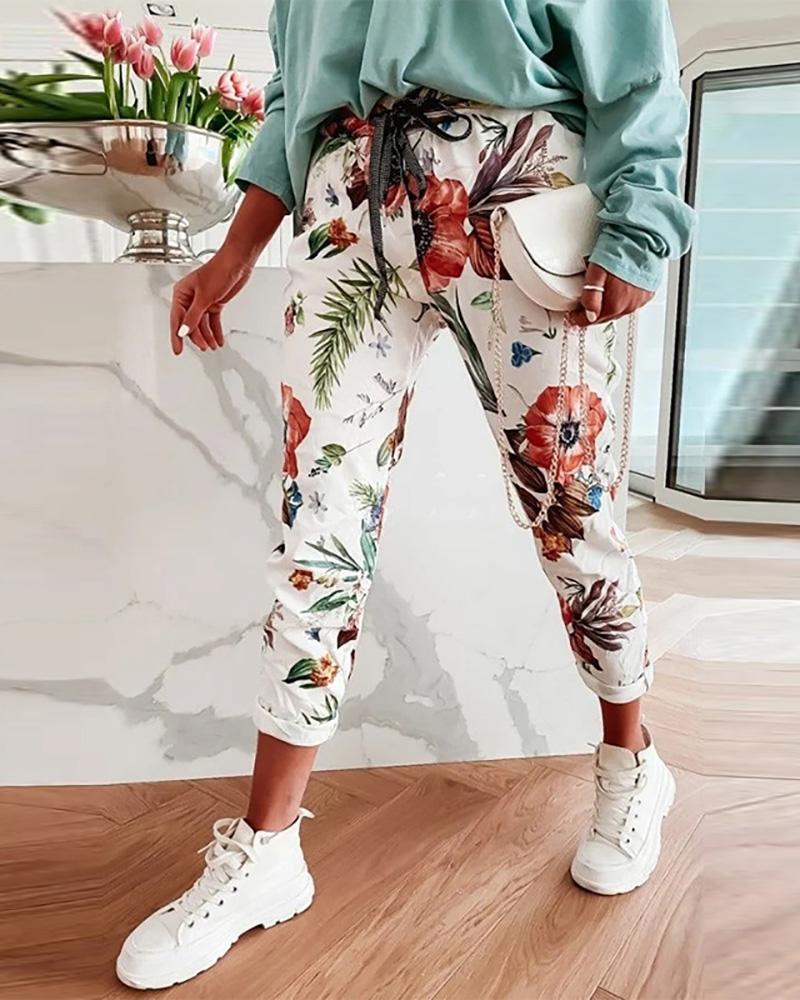 

Tropical Print Drawstring Pocket Design Sweatpants, Coffee