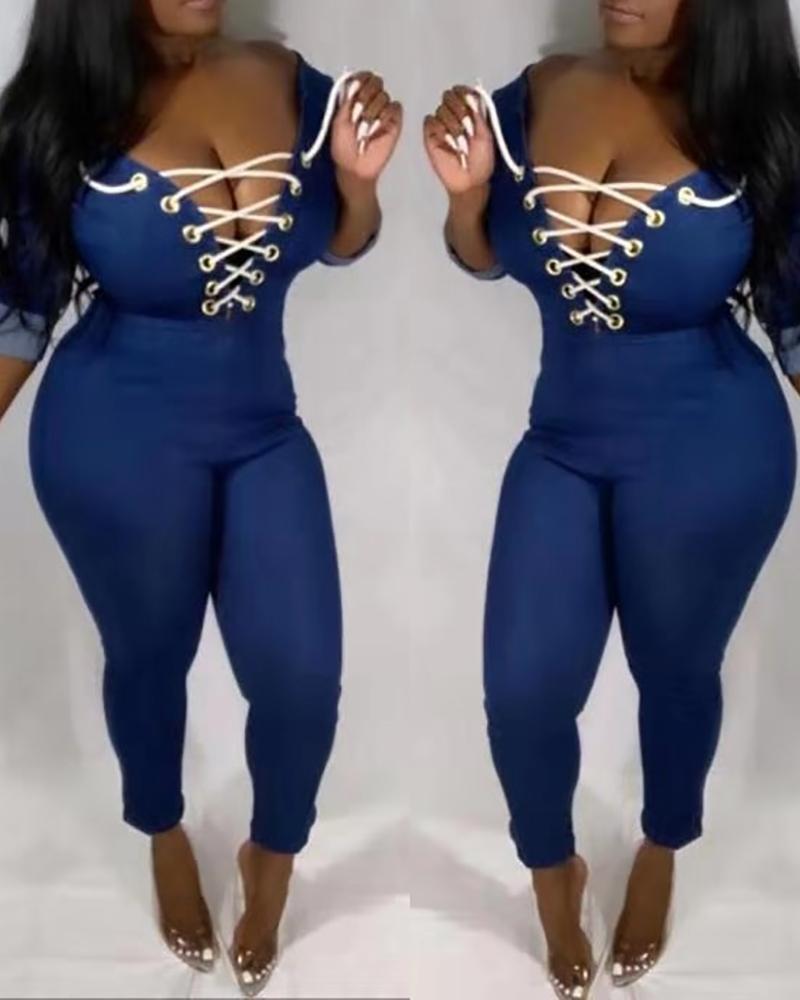 

Plunge Eyelet Lace-up Denim Jumpsuit, Blue