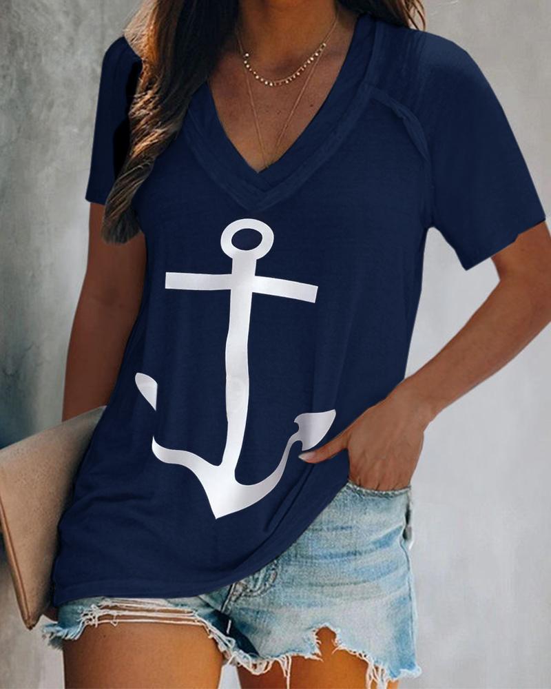 

Boat Anchor Print V-Neck Short Sleeve T-shirt, Purplish blue