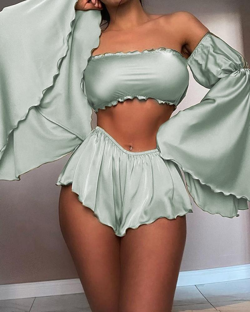 

Off Shoulder Bell Sleeve Satin Frill Hem Pajamas Set, Green