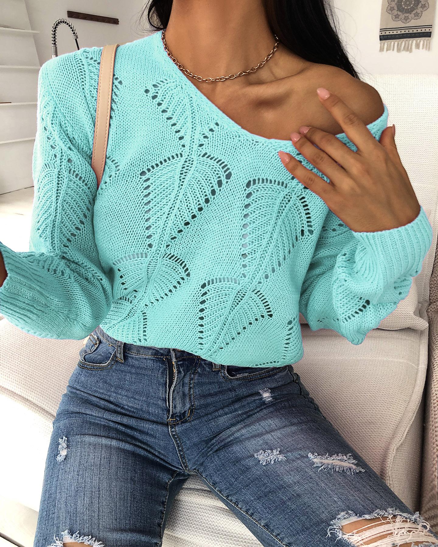 

Hollow Out Plain Casual Sweater, Green