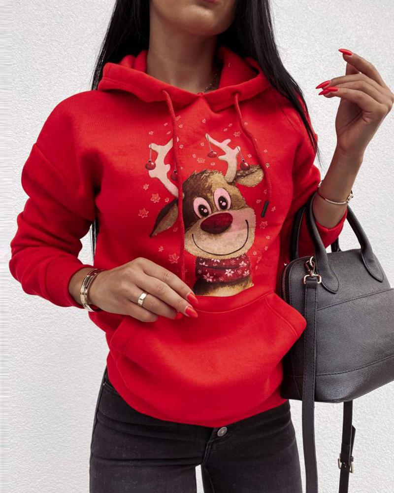 

Christmas Moose Print Long Sleeve Hoodie, Red