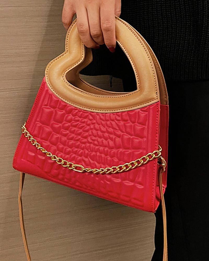

Heart Shaped Handle Chain Decor Magnet Handbag, Red