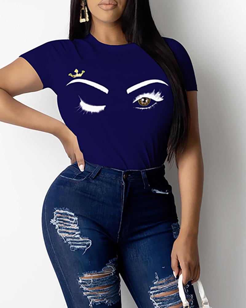 

Eyes Print Short Sleeve Casual T-shirt, Dark blue