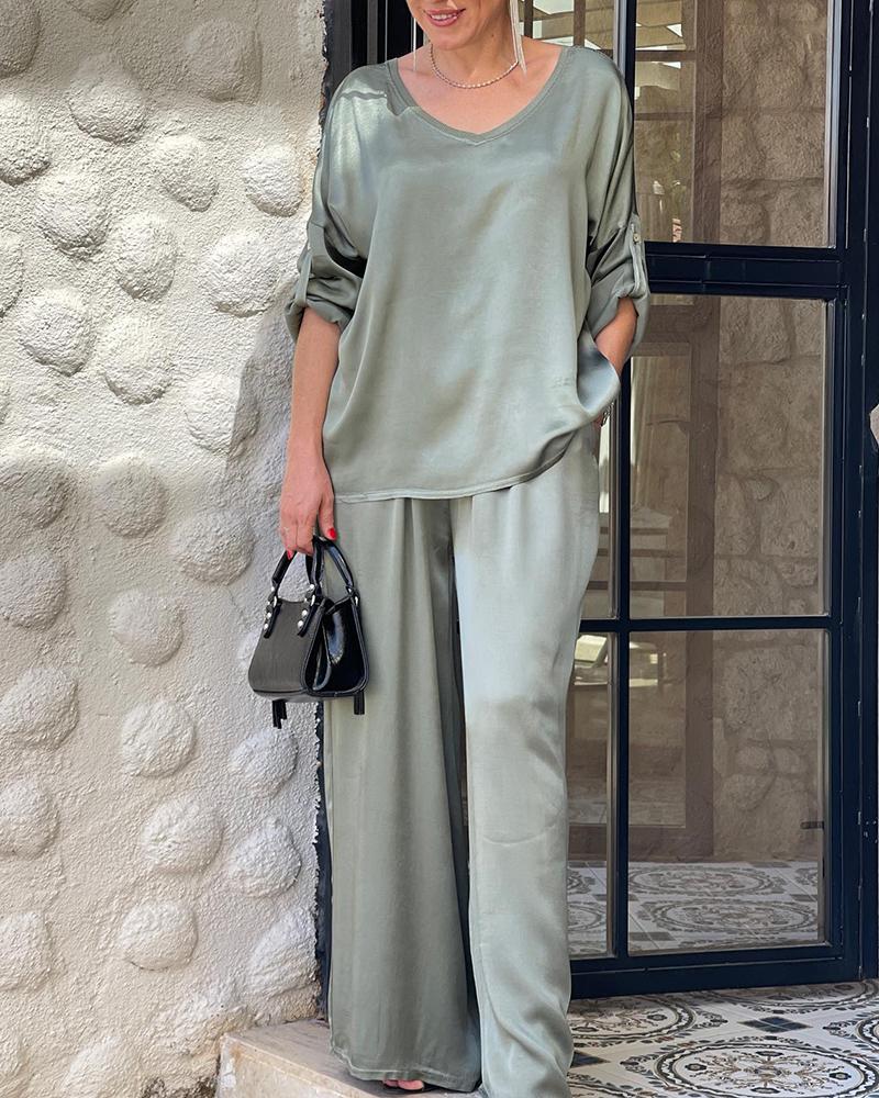 

Roll Up Sleeve Satin Top & Wide Leg Pants Set, Army green