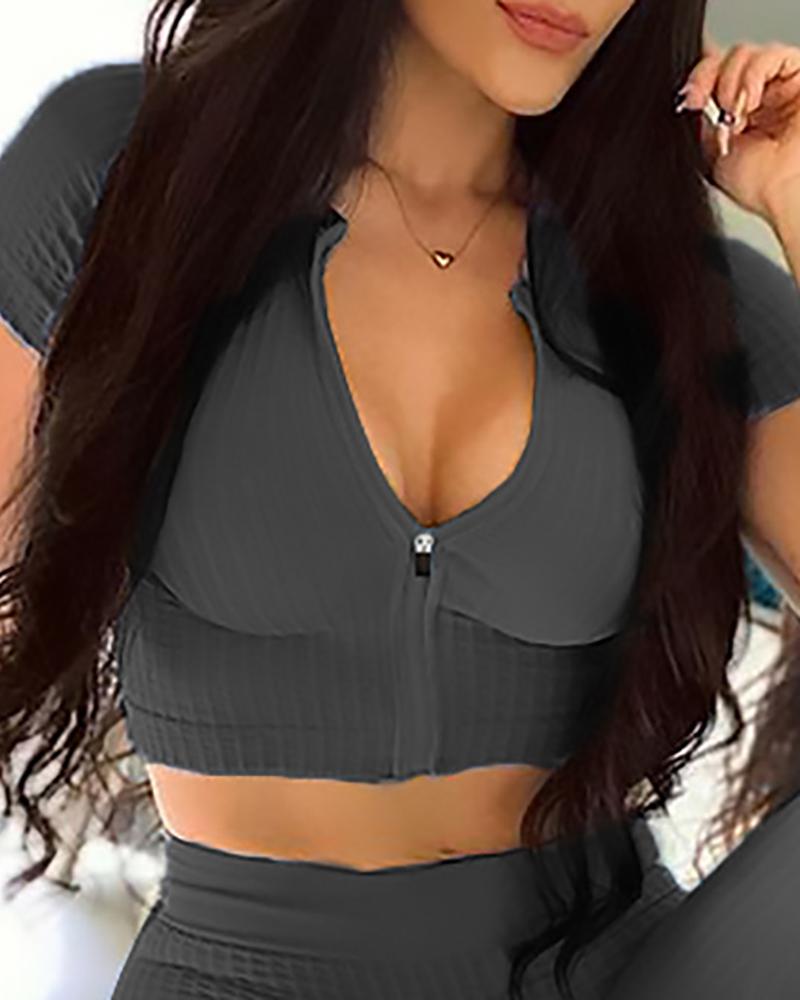 

Zipper Design Short Sleeve Skinny Sporty Top, Gray