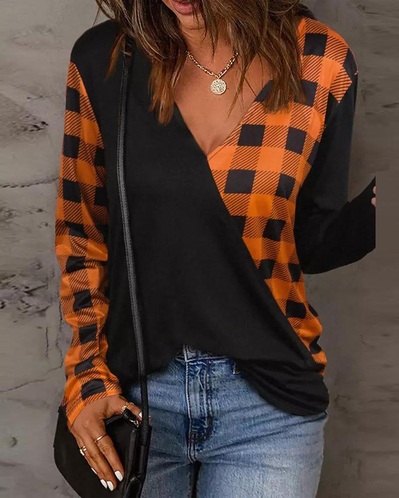 

Contrast Plaid Long Sleeve Top, Orange