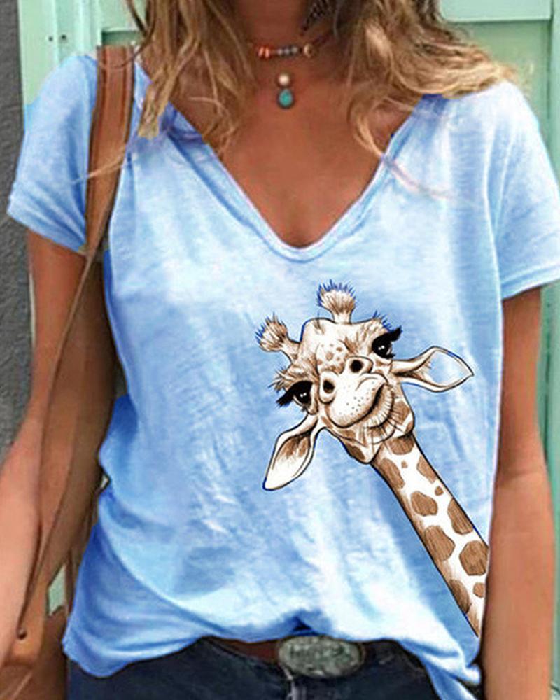 

Giraffe Print Short Sleeve T-shirts, Blue