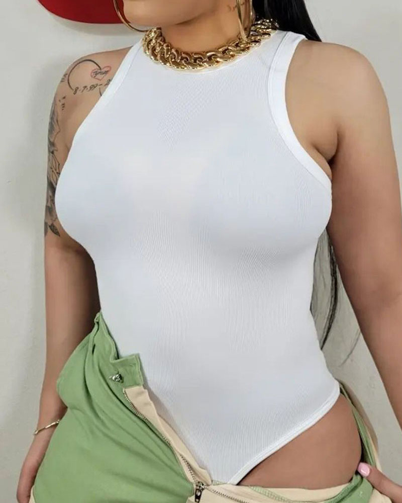 

Crew Neck Sleeveless Basics Bodysuit, White