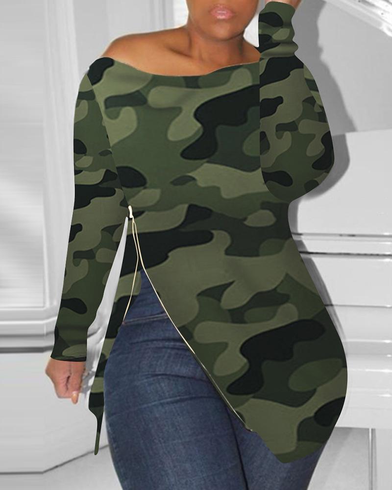 

Skew Neck Camouflage Slit Long Sleeve Irregular Hem Blouse, Army green