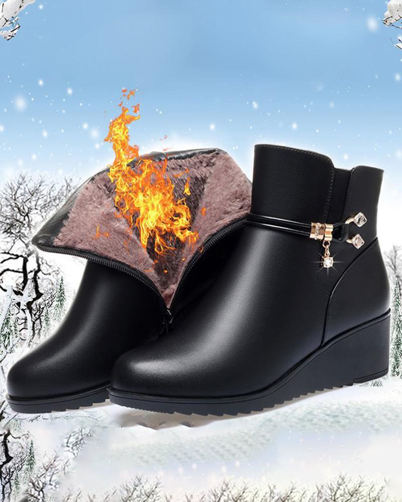 

Side Zip Lined Winter Wedge Boots, Black