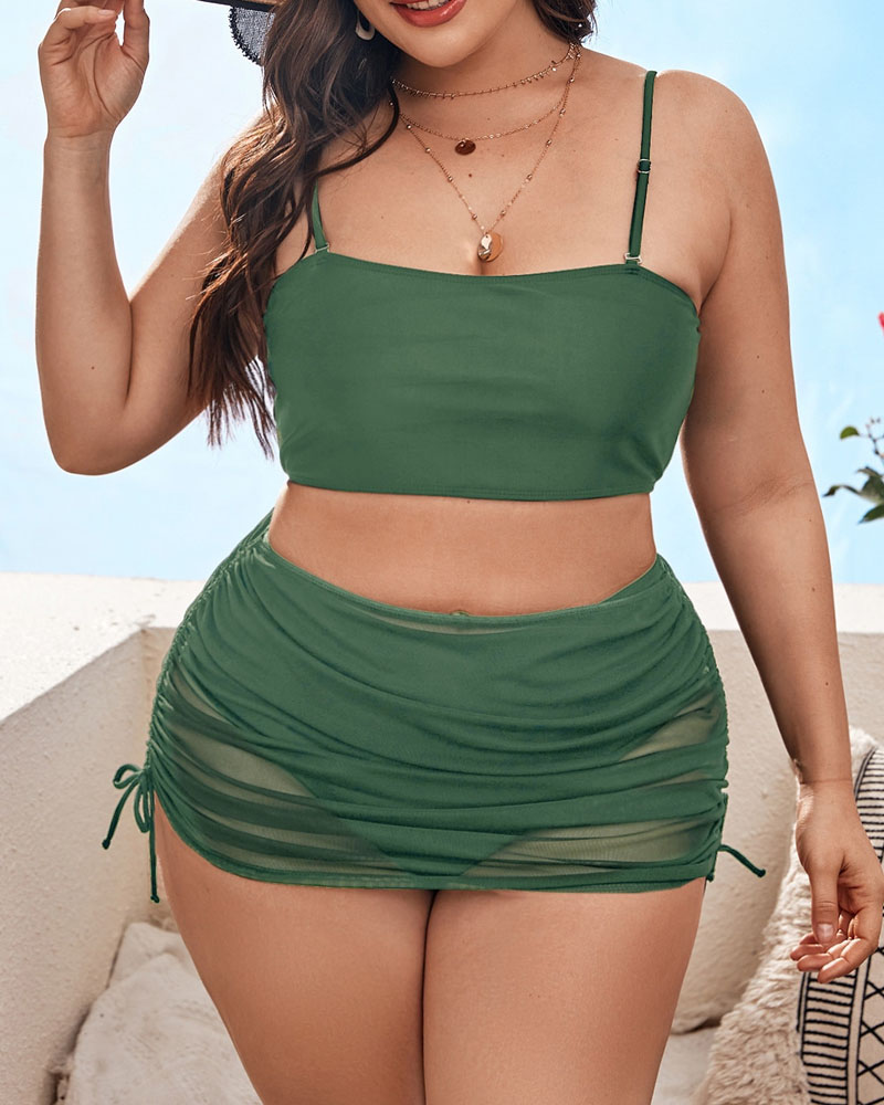 

Plus Size 3PCS Bikini Set With Drawstring Ruched Cover Up, Green