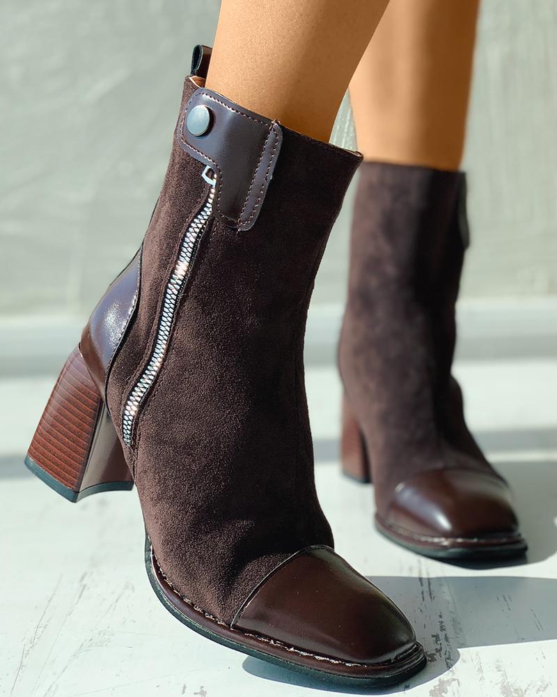 

Suede PU Patch Zipper Design Chunky Boots, Brown
