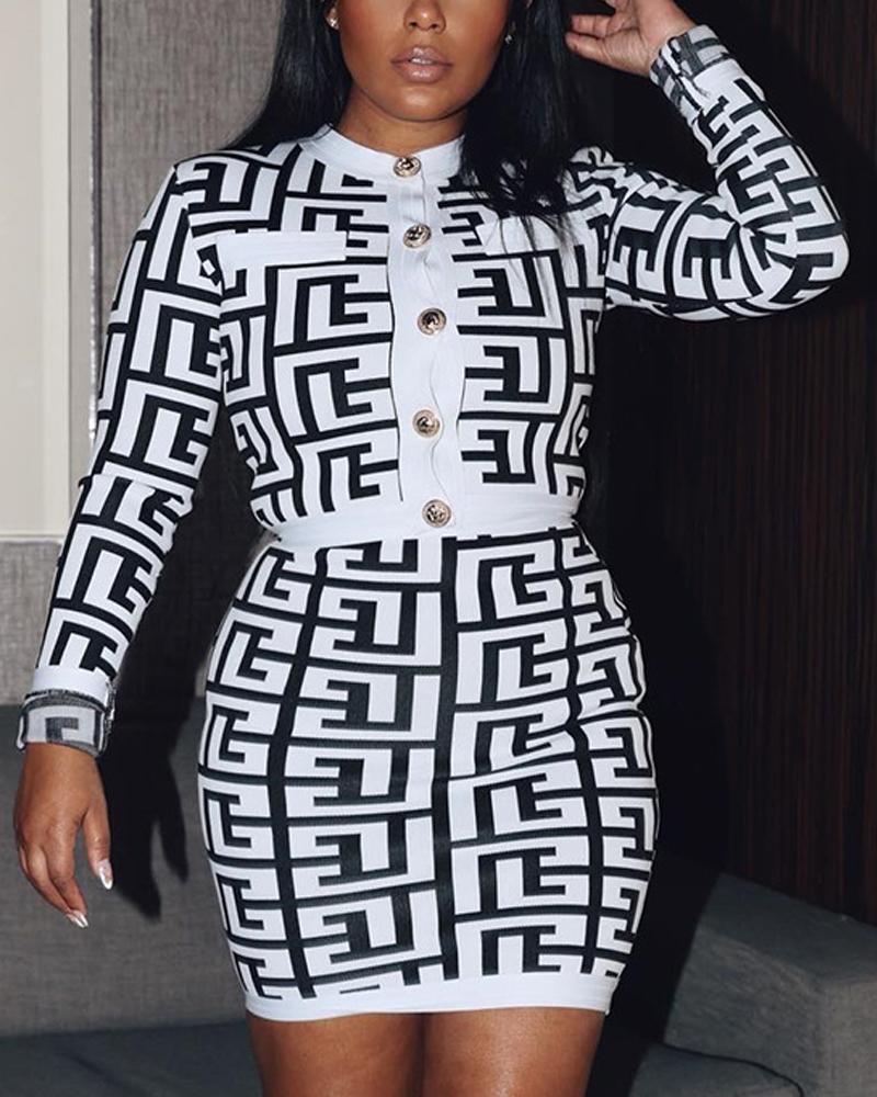 

Geometric Print Long Sleeve Buttoned Top & Skirt Set, Blackwhite