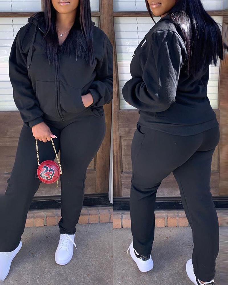 

Zipper Pocket Design Hooded Sweatshirt & Pants Set, Black