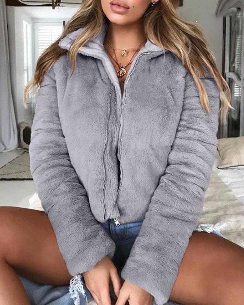 

Faux Shearling Zip Coat, Gray