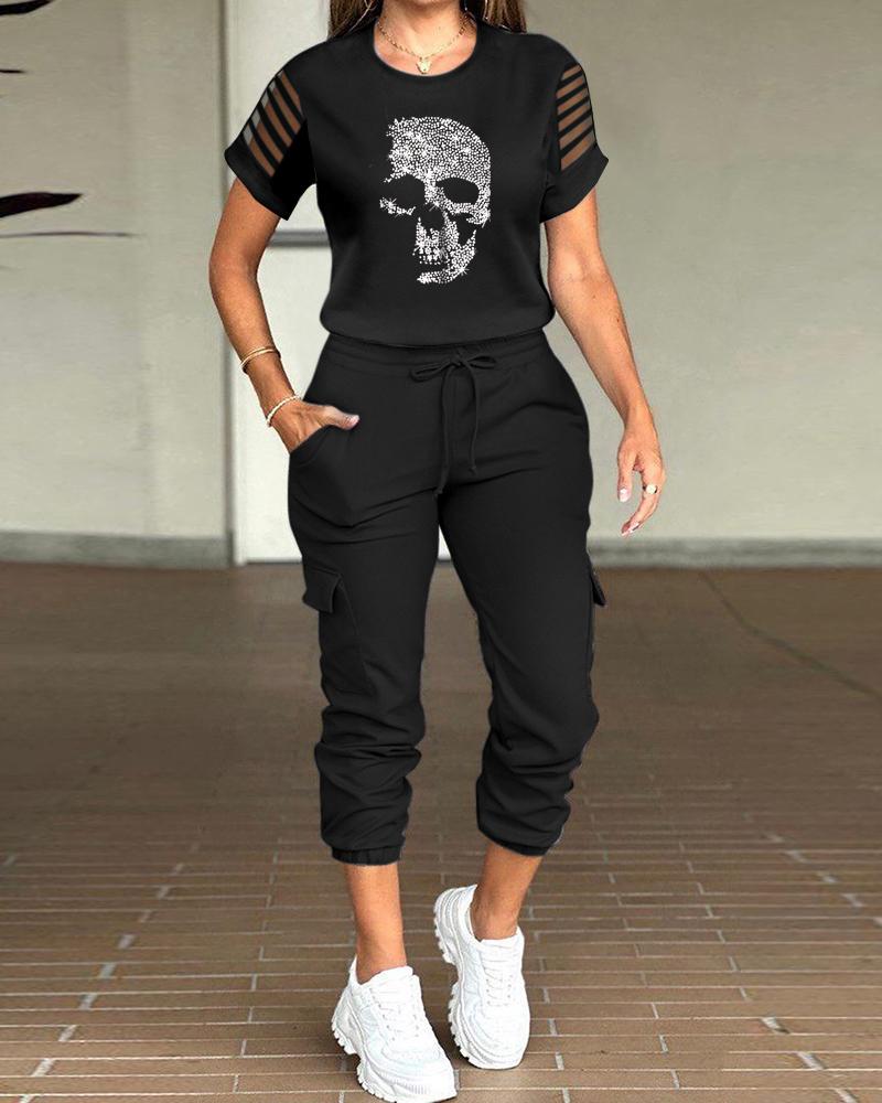

Halloween Rhinestone Skull Pattern Cutout Top & Drawstring Pants Set, Black