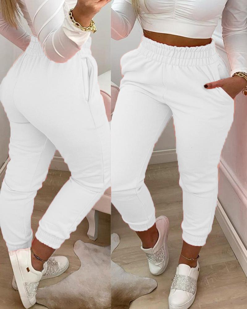

Pocket Design Shirring Waist Frill Hem Casual Pants, White