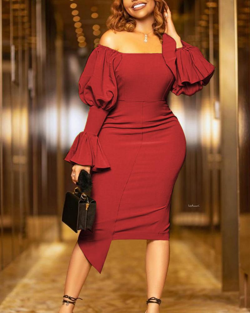 

Solid Puff Sleeve Off Shoulder Bodycon Dress, Red