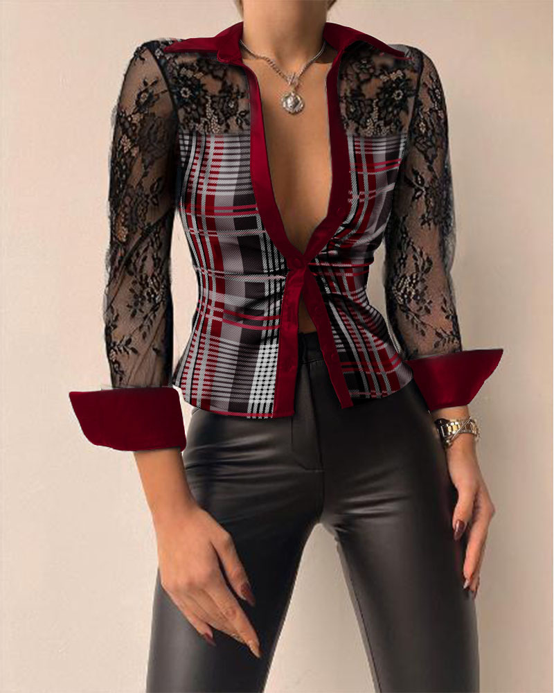 

Plaid Print Contrast Lace Button Down Shirt, Style1