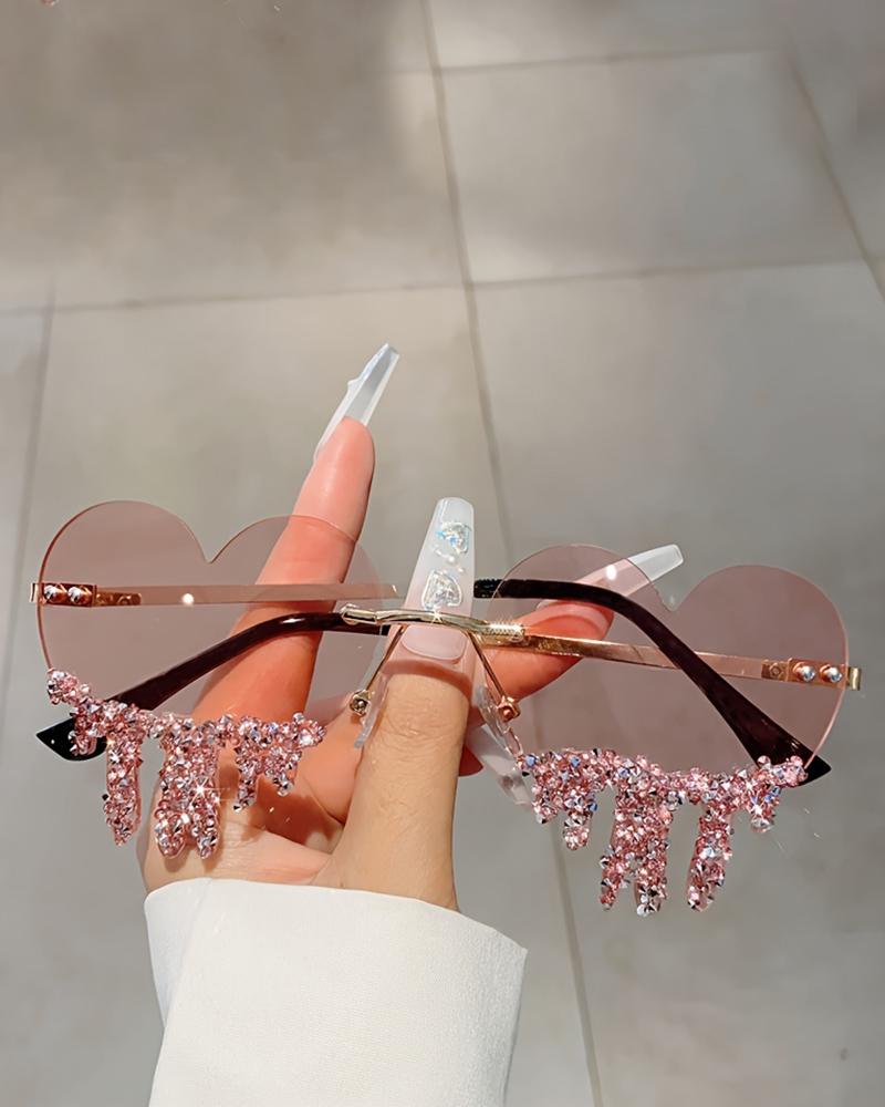 

1Pair Heart Shaped Rhinestone Rimless Sunglassses, Pink